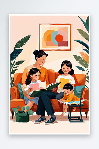 数字艺术父母陪伴三个小孩在读书幸福插画