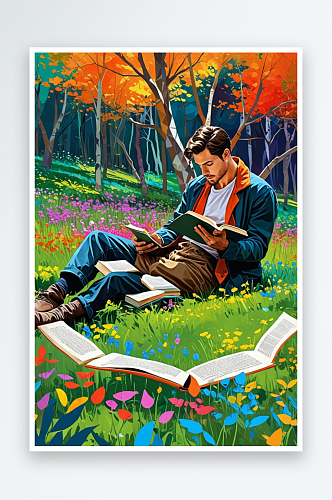 数字艺术春天一个男人在户外的树林里看书