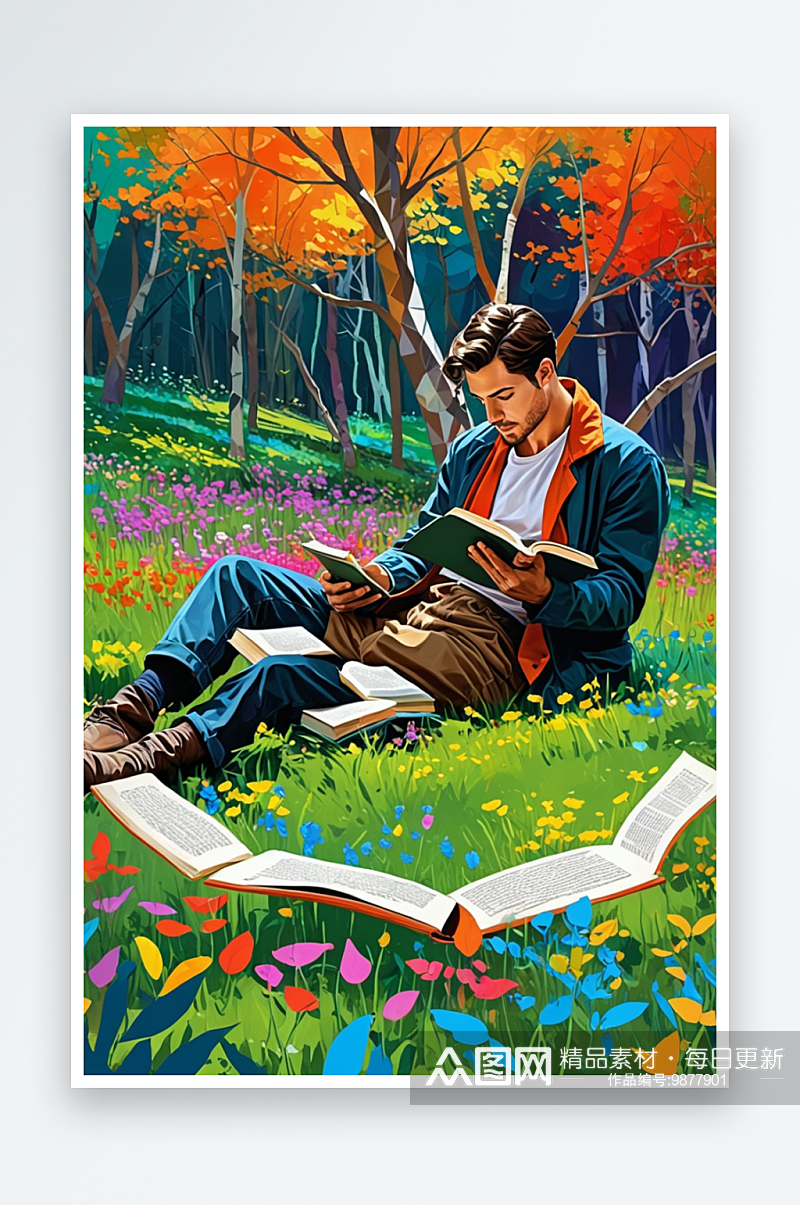 数字艺术春天一个男人在户外的树林里看书素材