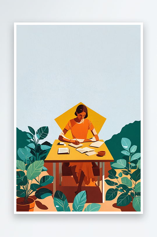 竖版丝网印刷扁平风格坐在植物丛中桌前看书