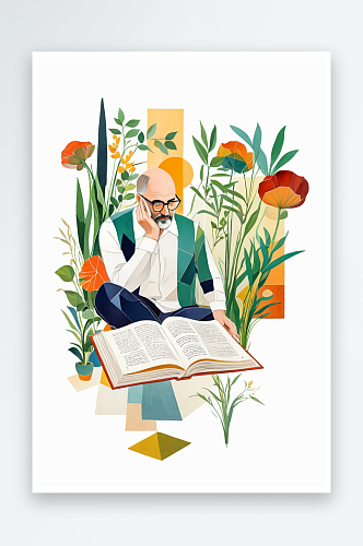 书中长满植物和读书的男人