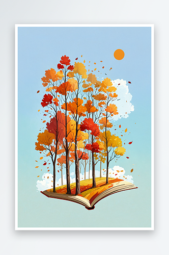 书籍上的树林创意插画秋天