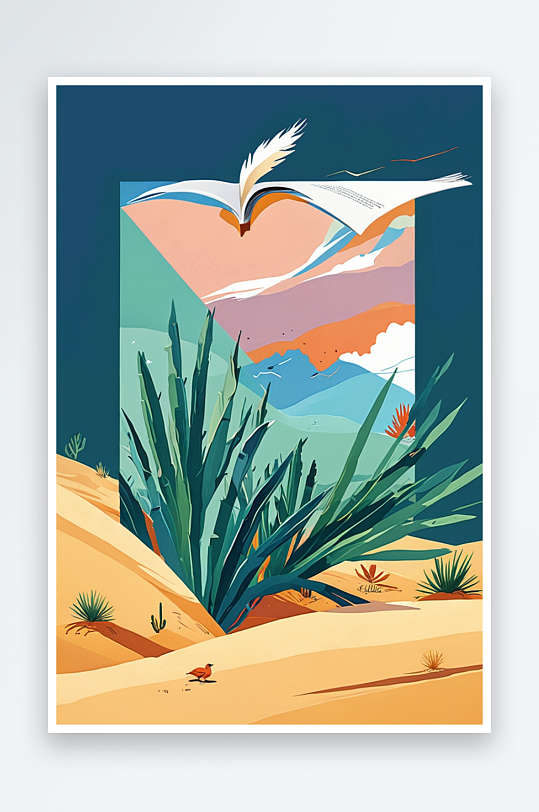 书本知识自然动物沙漠绿洲抽象概念扁平海报