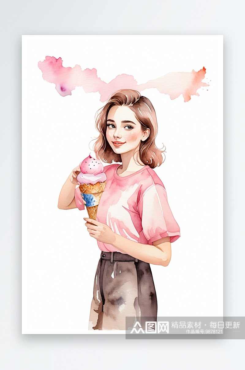 手拿冰淇淋粉色上衣的少女水彩手绘插画素材