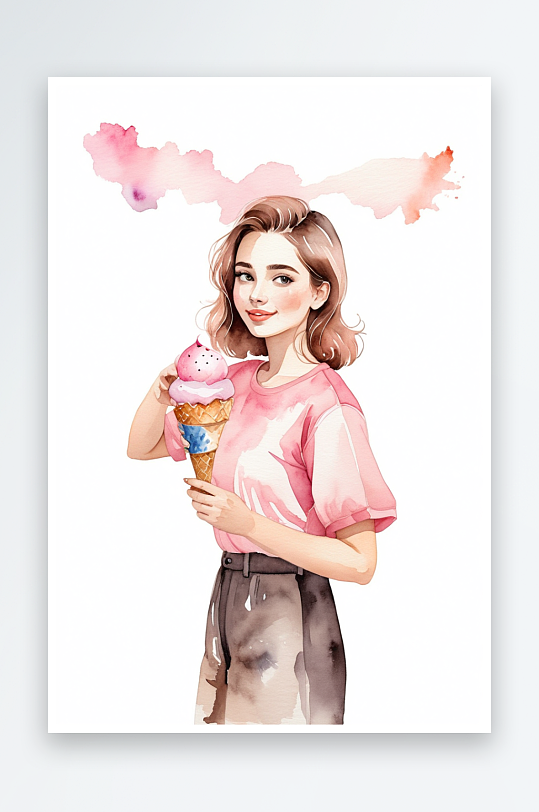手拿冰淇淋粉色上衣的少女水彩手绘插画