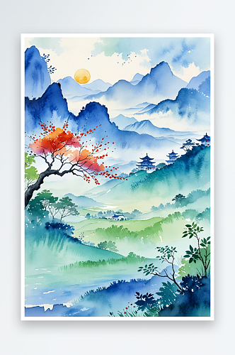 手绘中风小清新水彩风格山水风景插画