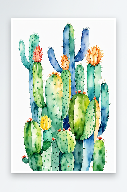 手绘水彩植物仙人掌元素素材插画