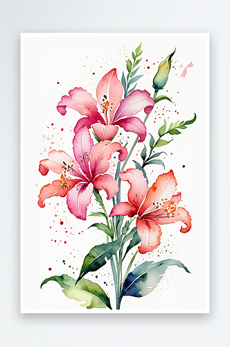 手绘水彩花卉手绘水彩花卉盛开的粉色百合花