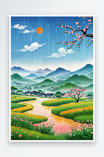 手绘插画清明节微雨一家人出游柳叶桃花清新