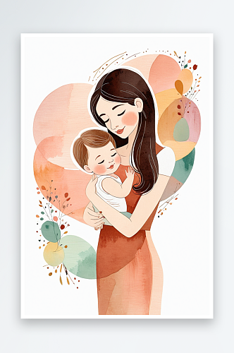 手绘插画母亲节妈妈抱着孩子