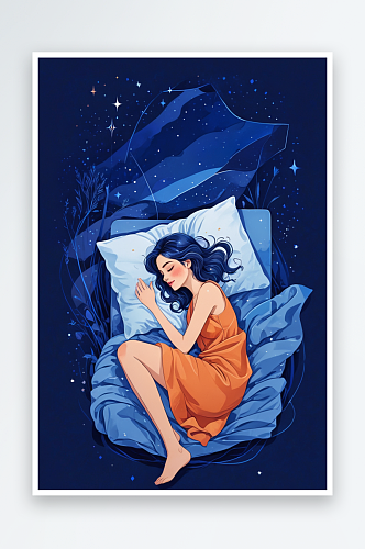 世界睡眠日蓝色夜晚女孩睡觉插画封面海报