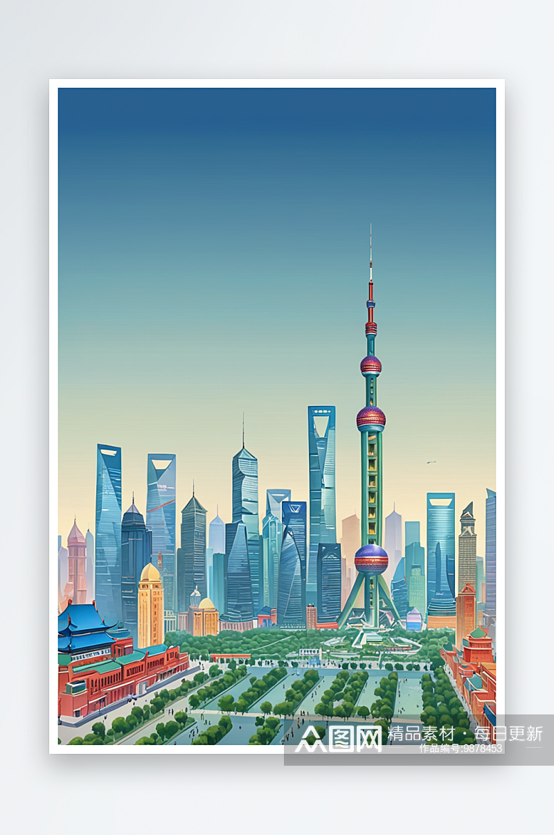 上海陆家嘴建筑群手绘扁平渐变噪点插画素材