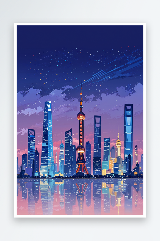 上海城市夜景插画