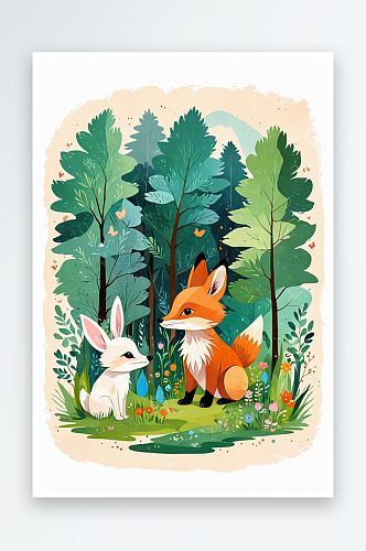 森林狐狸兔子刺猬儿童插画