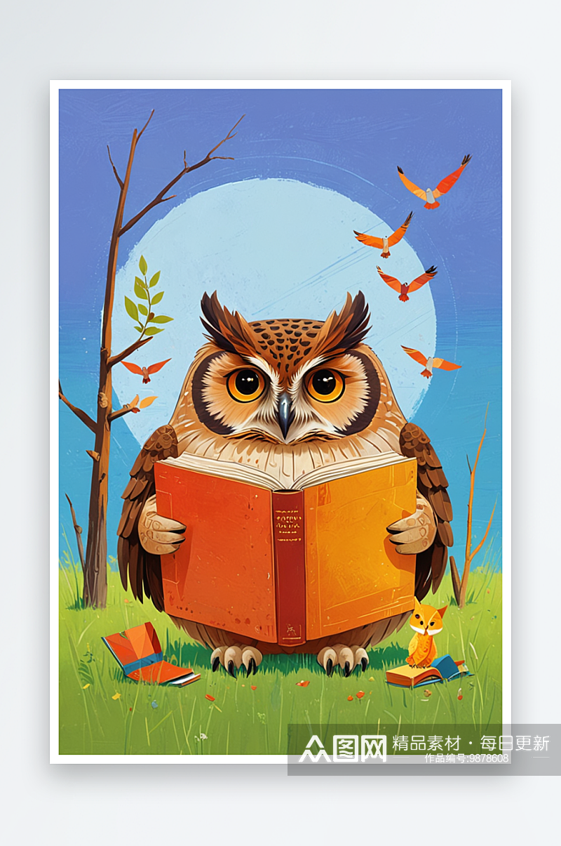 认真看书的猫头鹰萌趣可爱的动物儿童插画素材