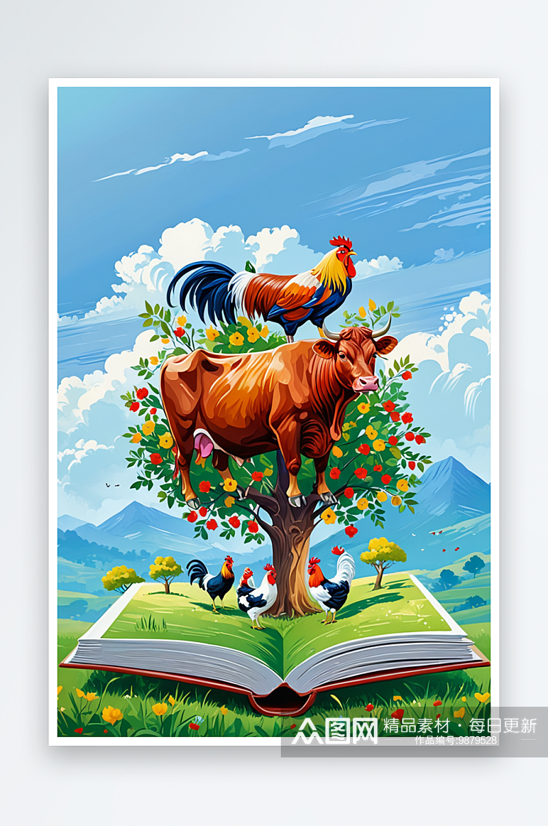 牛年牛插画站在书本树上的牛和公鸡步步高升素材