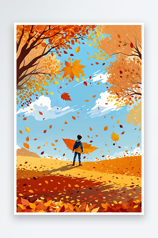 男孩站在飘落的树叶上秋天场景插画