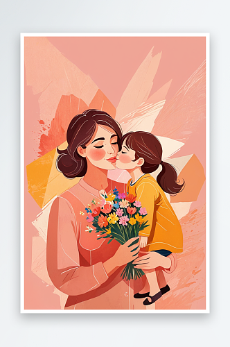 母亲节女儿亲吻捧花的母亲温馨扁平插画