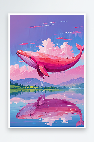 明亮背景下粉红色的鲸鱼游在湖面上