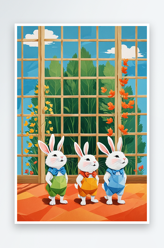 萌趣可爱的动物主题插画室内的三只小兔