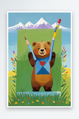 萌趣可爱的动物主题插画开心的小熊举起铅笔