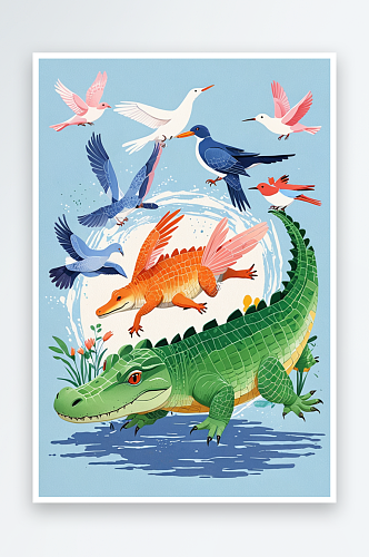 萌趣可爱的动物主题插画鳄鱼和兔子和鸟