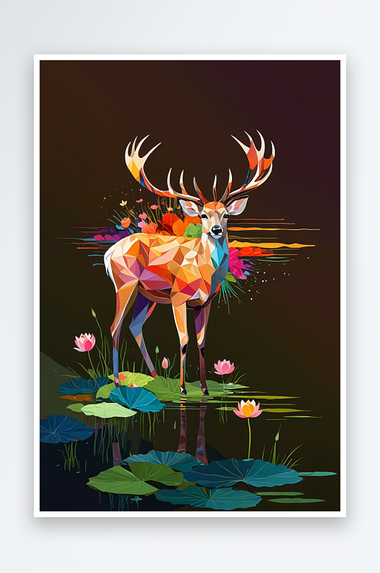 鹿与荷花意境山水抽象插画图案