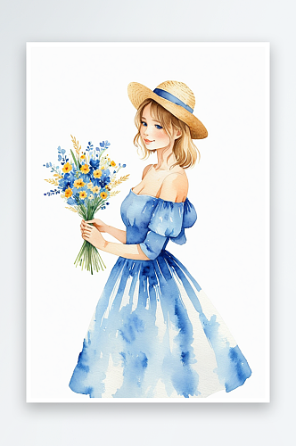 蓝色连衣裙戴草帽的少女手拿一束花水彩插画