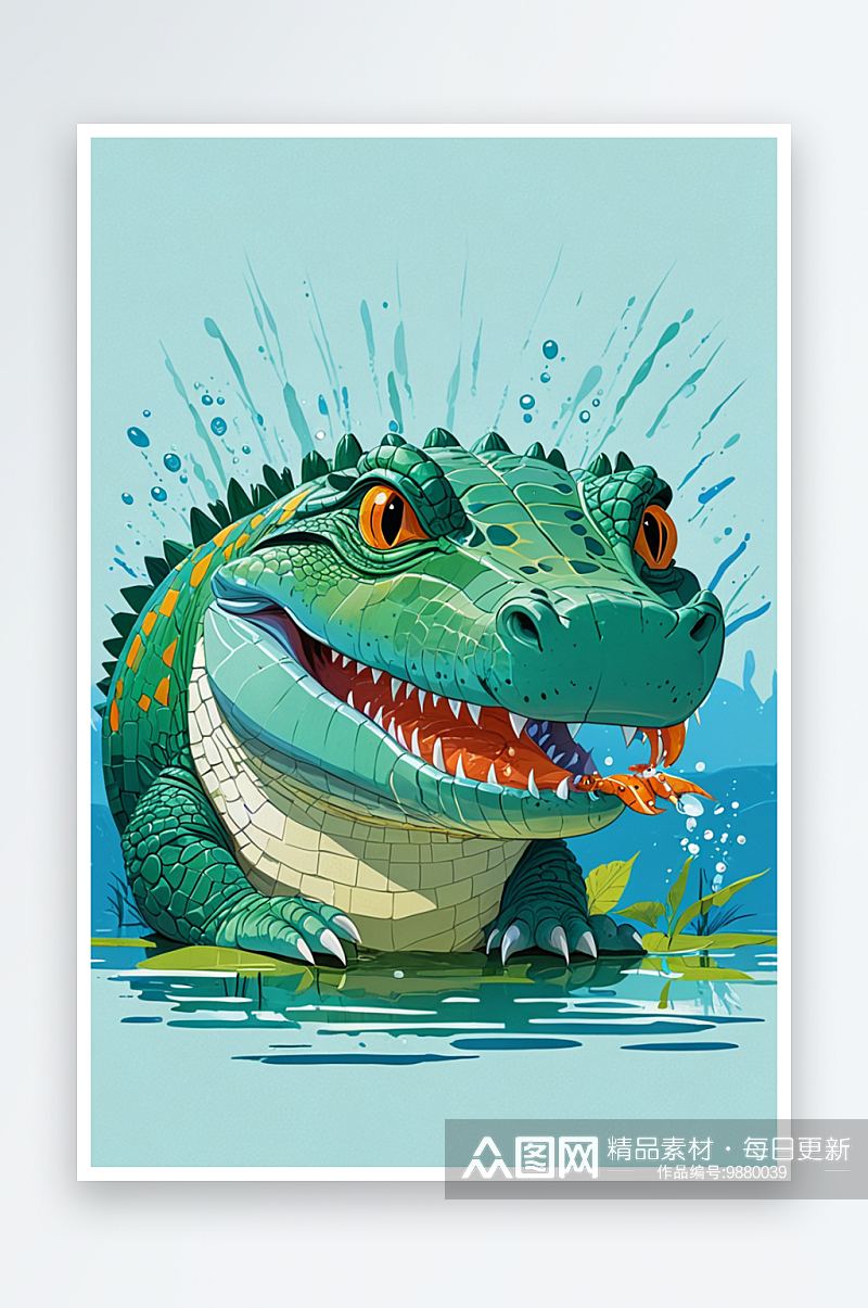 可爱有趣的动物插画在开心吃鱼的鳄鱼素材