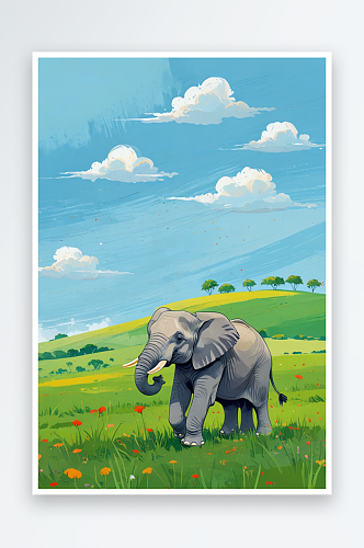 可爱有趣的动物插画草地上的一只大象