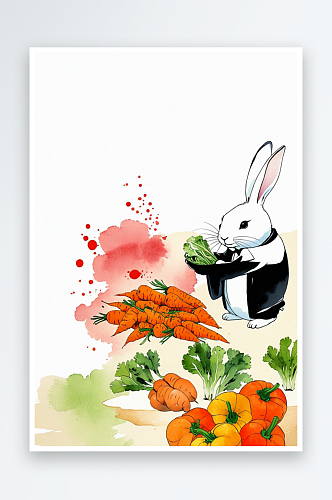 可爱水墨中画虚拟人物卖菜的兔子先生