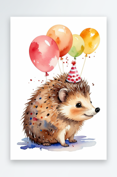 可爱的卡通刺猬用气球蛋糕水彩飞手绘庆祝周