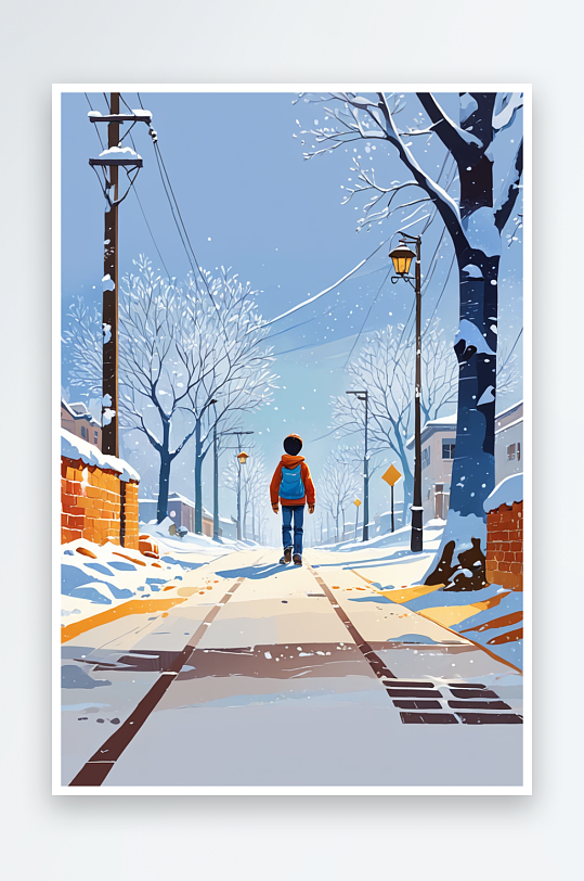 卡通手绘二十四节气立冬男孩雪景街道散步插