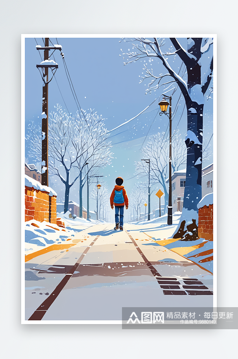 卡通手绘二十四节气立冬男孩雪景街道散步插素材
