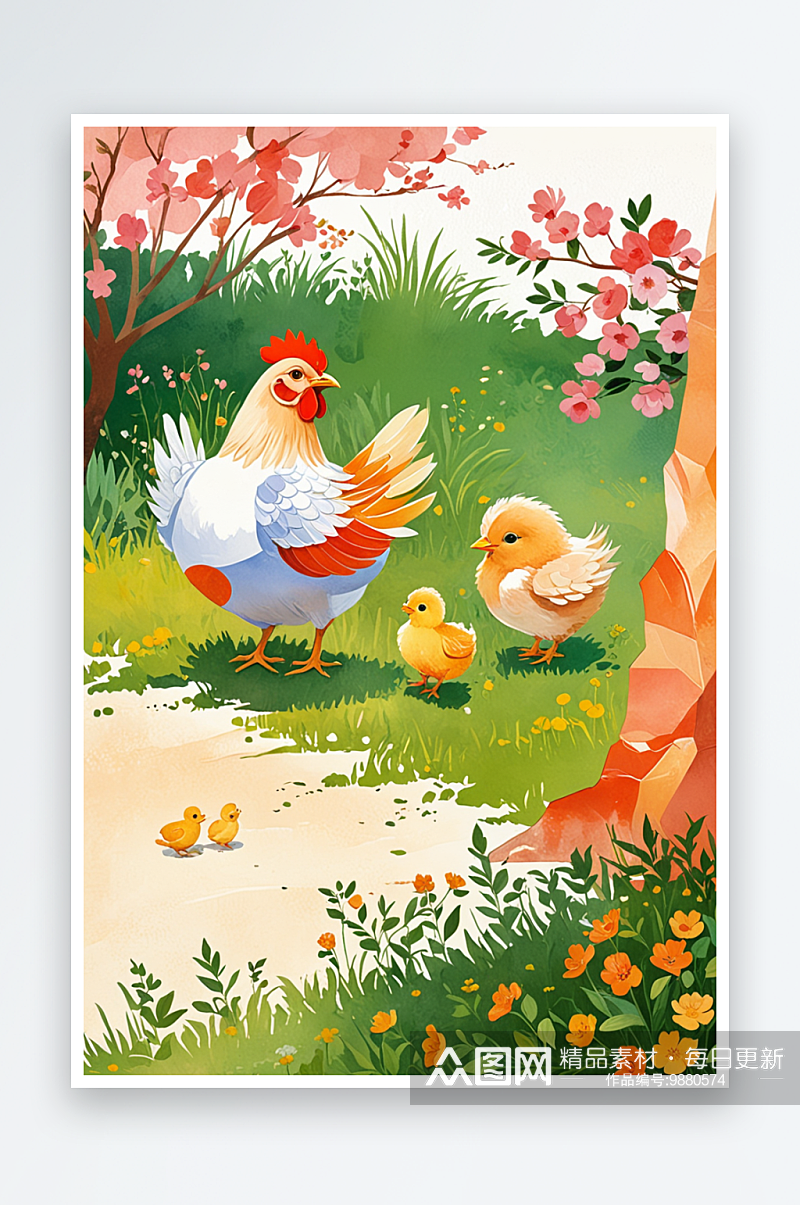 绘本插画母鸡小鸡系列桃花园下母鸡给小鸡讲素材