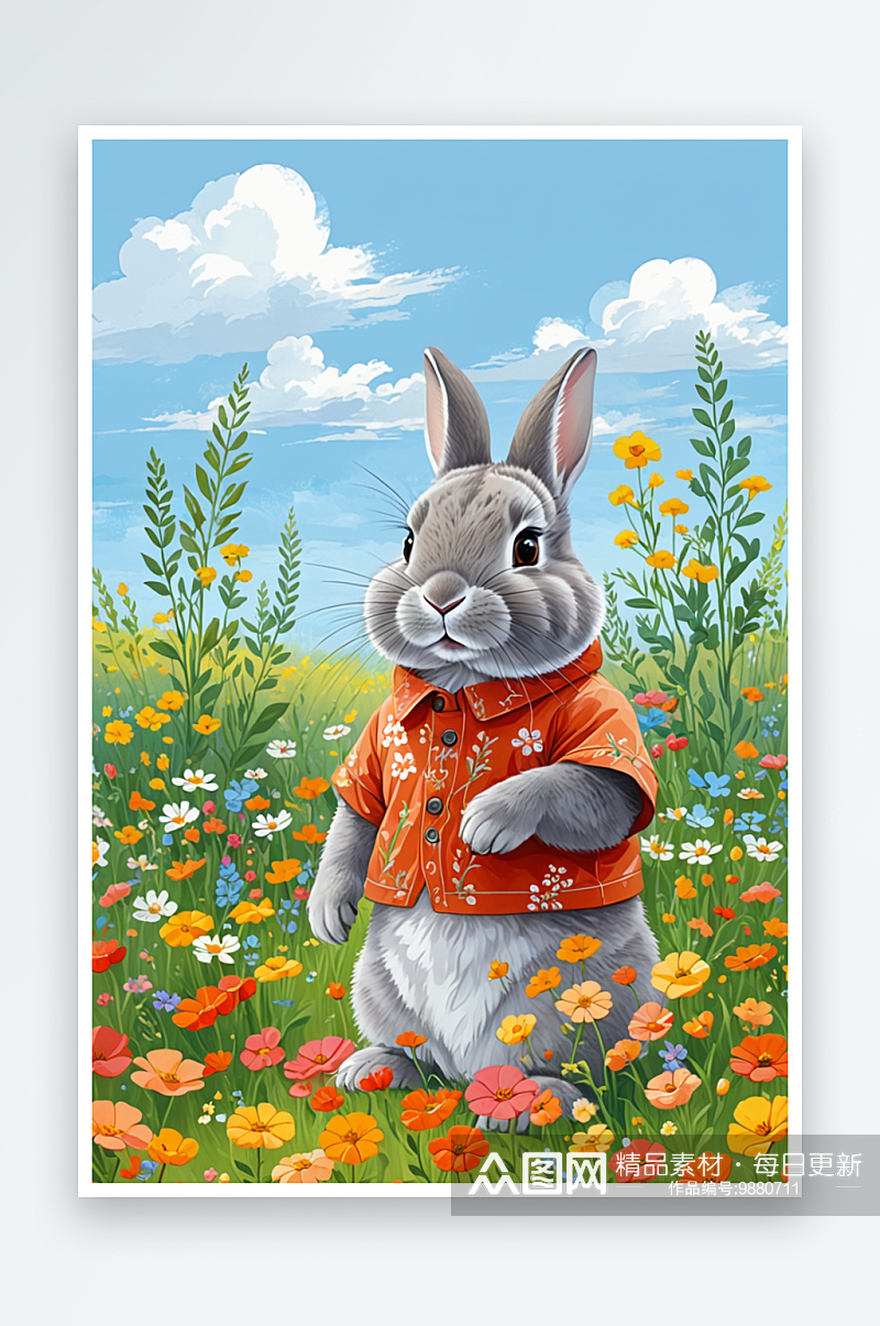 花丛中的可爱小灰兔萌趣可爱的动物儿童插画素材