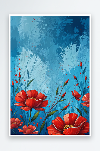 红色的花盛开在蓝色的背景插画