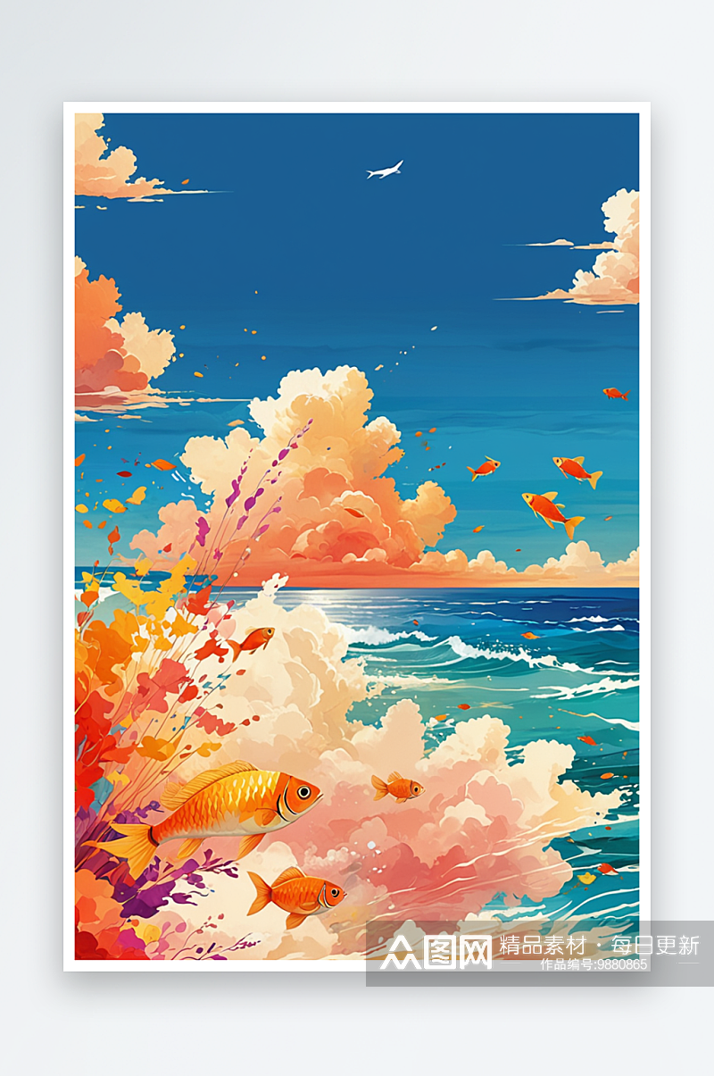 海边有彩色的云和空中飞翔的鱼创意插画背景素材