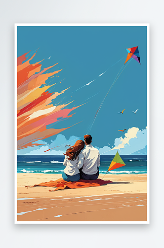 海边依偎的情侣在放风筝插画