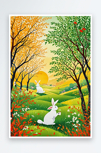 风春天节日节气兔子柳叶吃青团插画壁纸