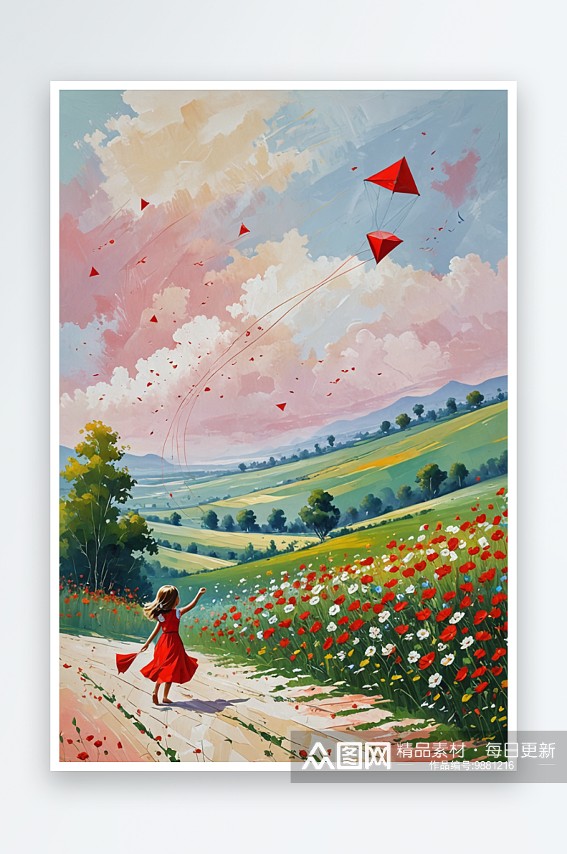 放风筝穿红裙子的小女孩在花丛中素材
