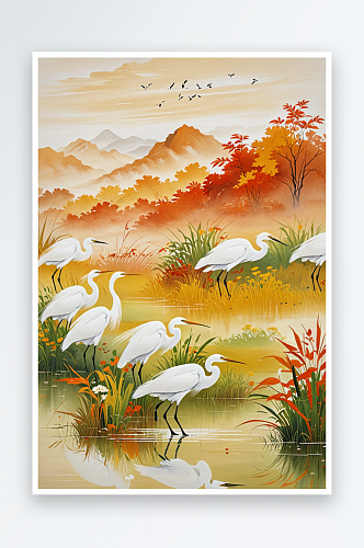 二十四节气秋季风景画白鹭鸟