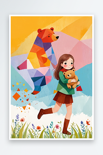 儿童插画系列抱着熊的女孩