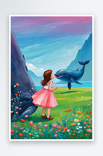 儿童插画亲吻鲸鱼的小女孩