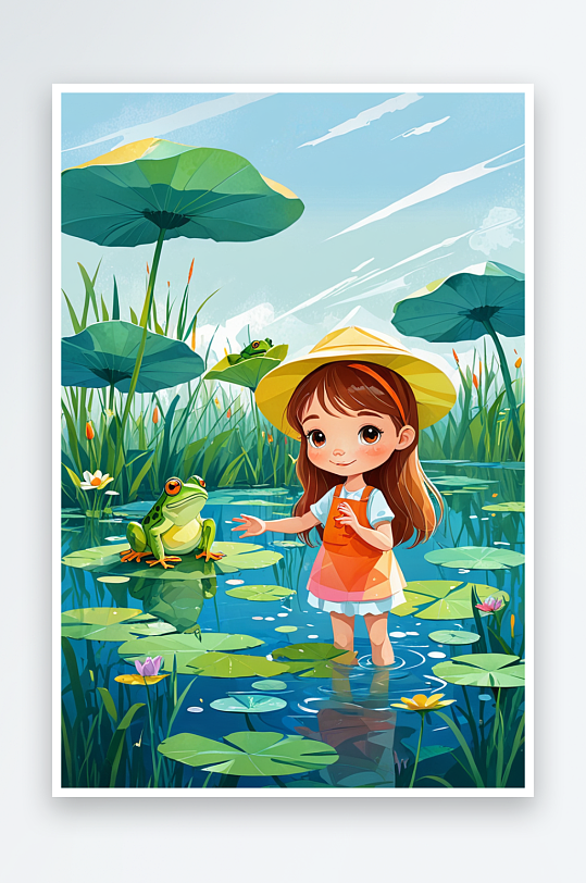 儿童插画池塘小女孩和青蛙
