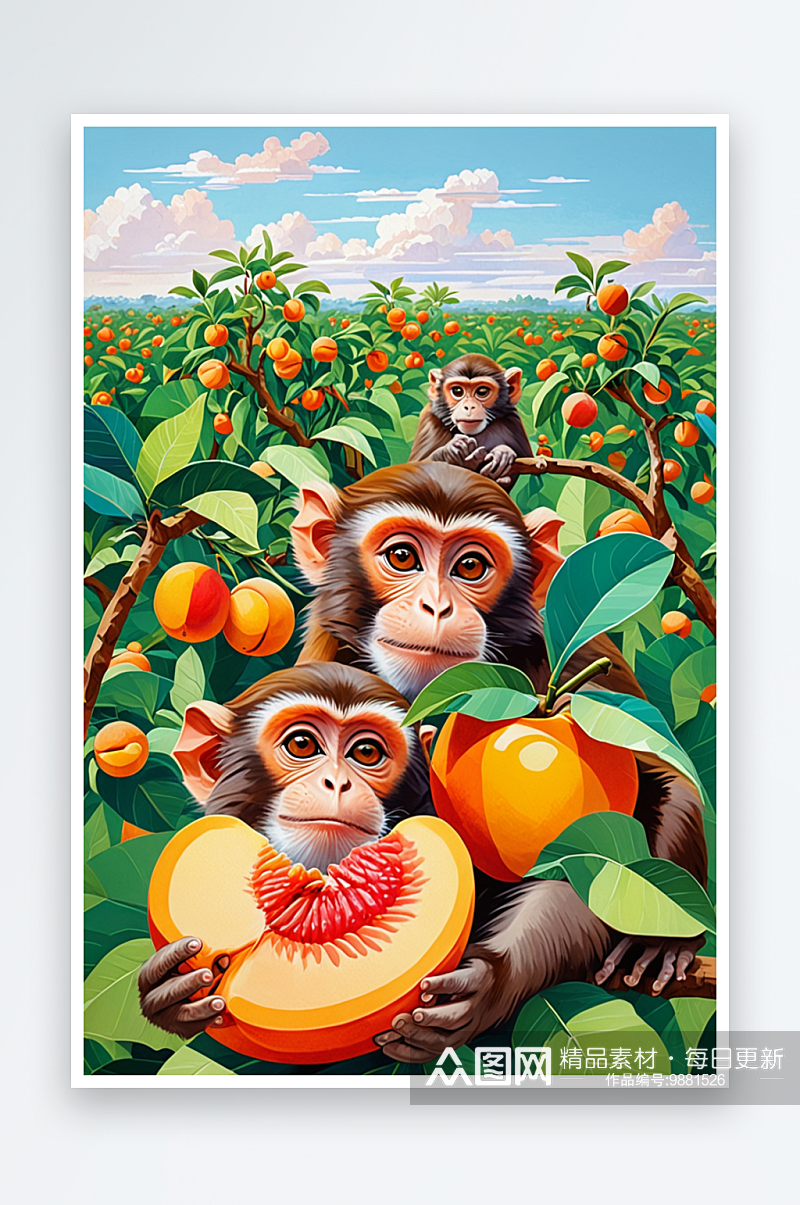 动物大世界插画系列猴子吃桃素材