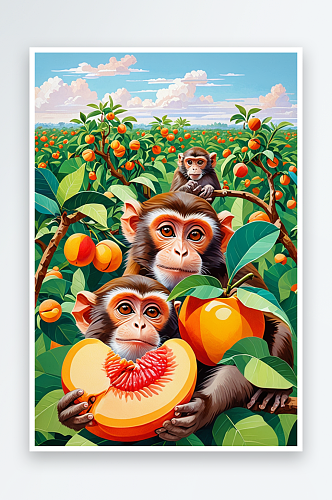 动物大世界插画系列猴子吃桃