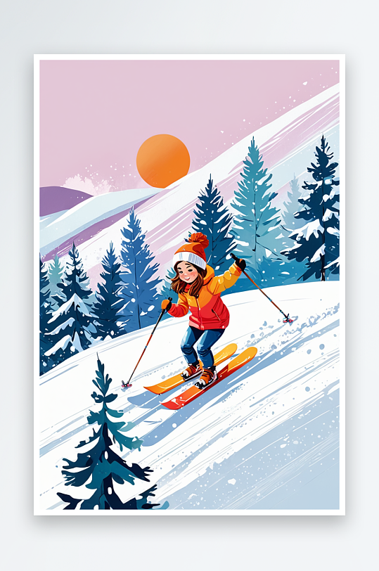 冬季户外滑雪运动躺在雪里休闲快乐松树女孩