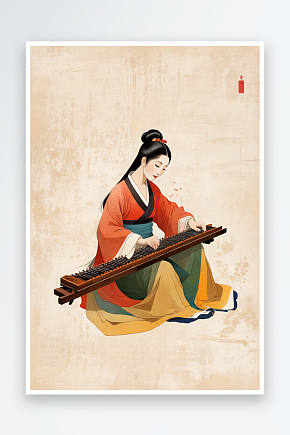 弹奏古琴的古代仕女插画素材下载-众图网