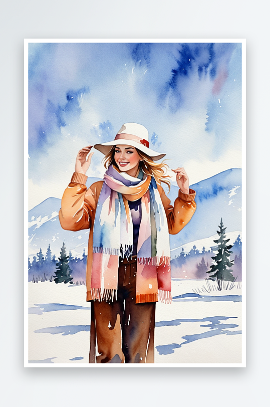 戴着帽子围巾的少女站在雪地挥手水彩插画